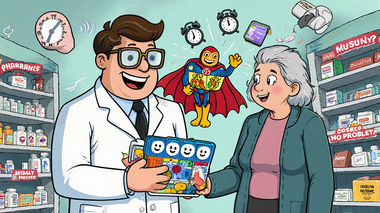 A pharmacist giving a colorful pill organizer to an elderly patient with animated pill boxes and alarms.