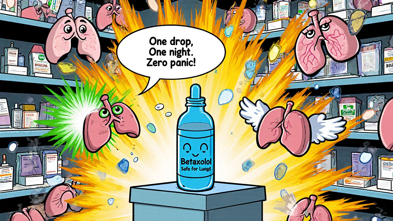 A pharmacy shelf with cartoon eye drops, betaxolol standing out as the lung-safe option.
