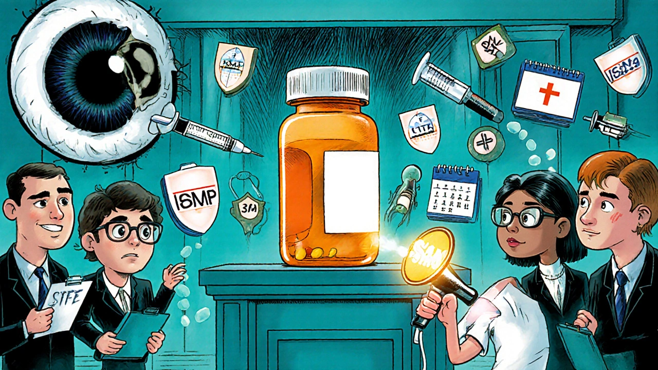 A pill bottle on trial in a surreal courtroom with FDA logos and medical icons as jurors, while a patient speaks up with a megaphone.