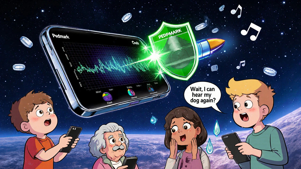 A smartphone app showing hearing protection with regenerating hair cells and a shield blocking a chemo bullet.