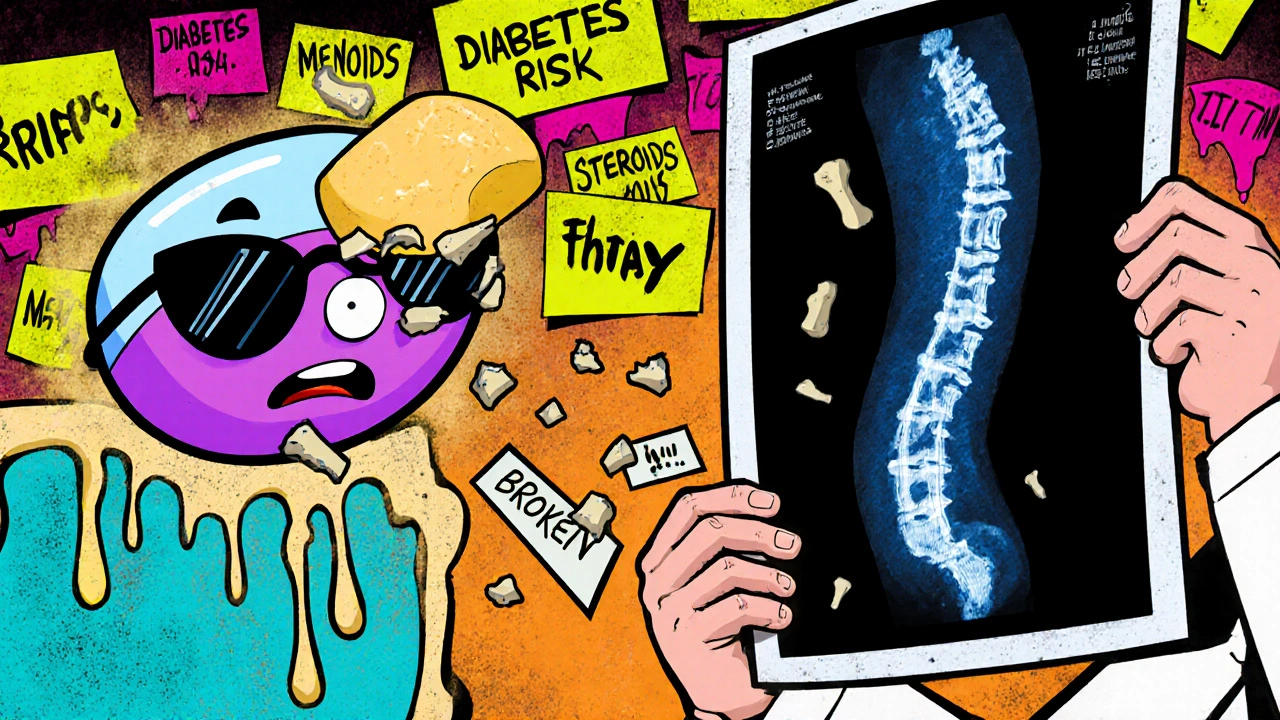 A sunglasses-wearing bisphosphonate pill dodging bone fragments near a crumbling DEXA scan with sticky note risk labels.