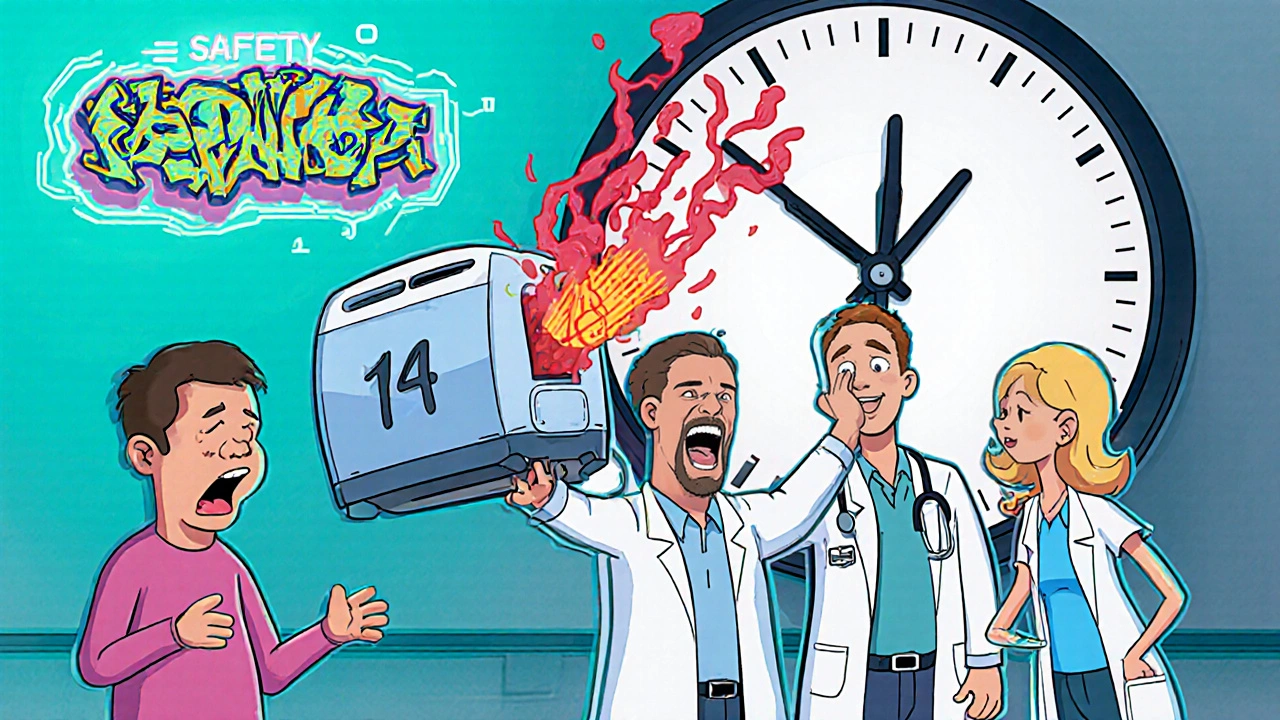 A toaster-like TDM device spits out a &#039;LOW LEVEL!&#039; alert as shocked medical staff stare in disbelief.