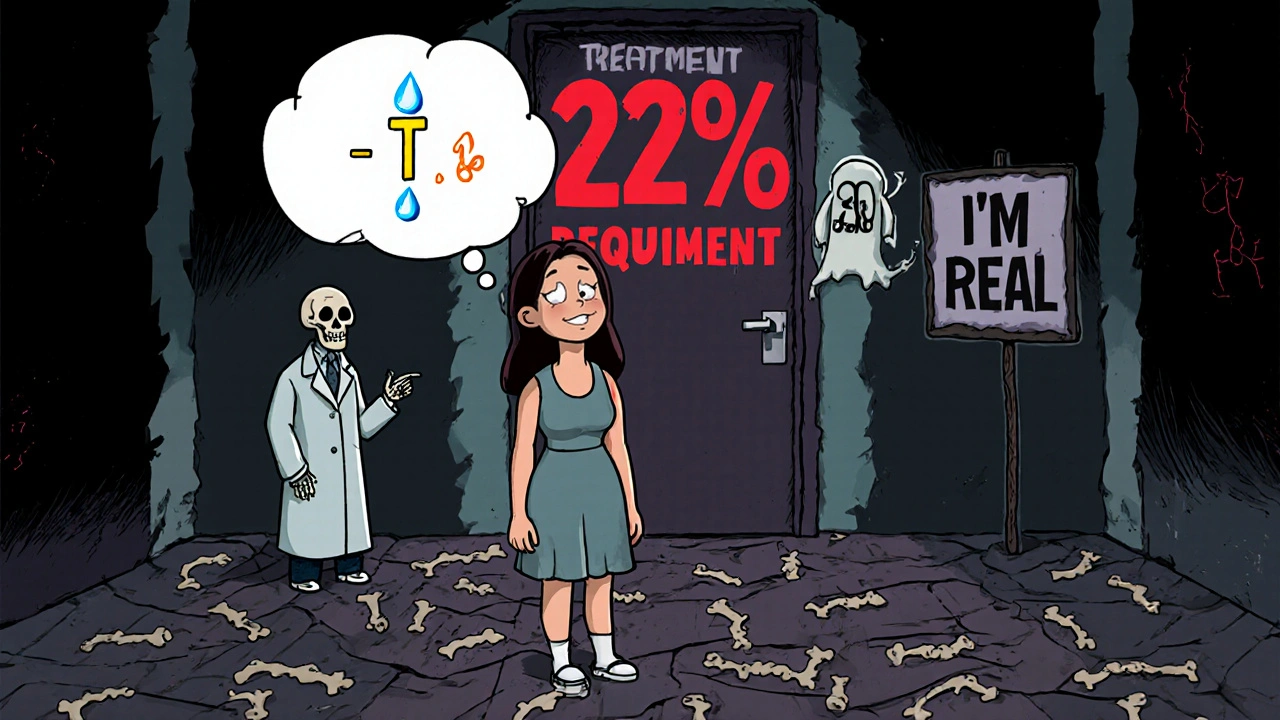 A woman staring at a FRAX score of 22% while a doctor shrugs, skeleton ghost whispers behind her, bone tiles underfoot.