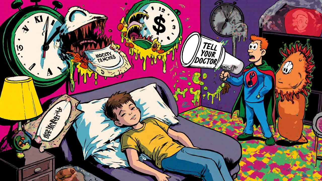 A young adult surrounded by medication-themed monsters, with doctors flying in to encourage open communication.