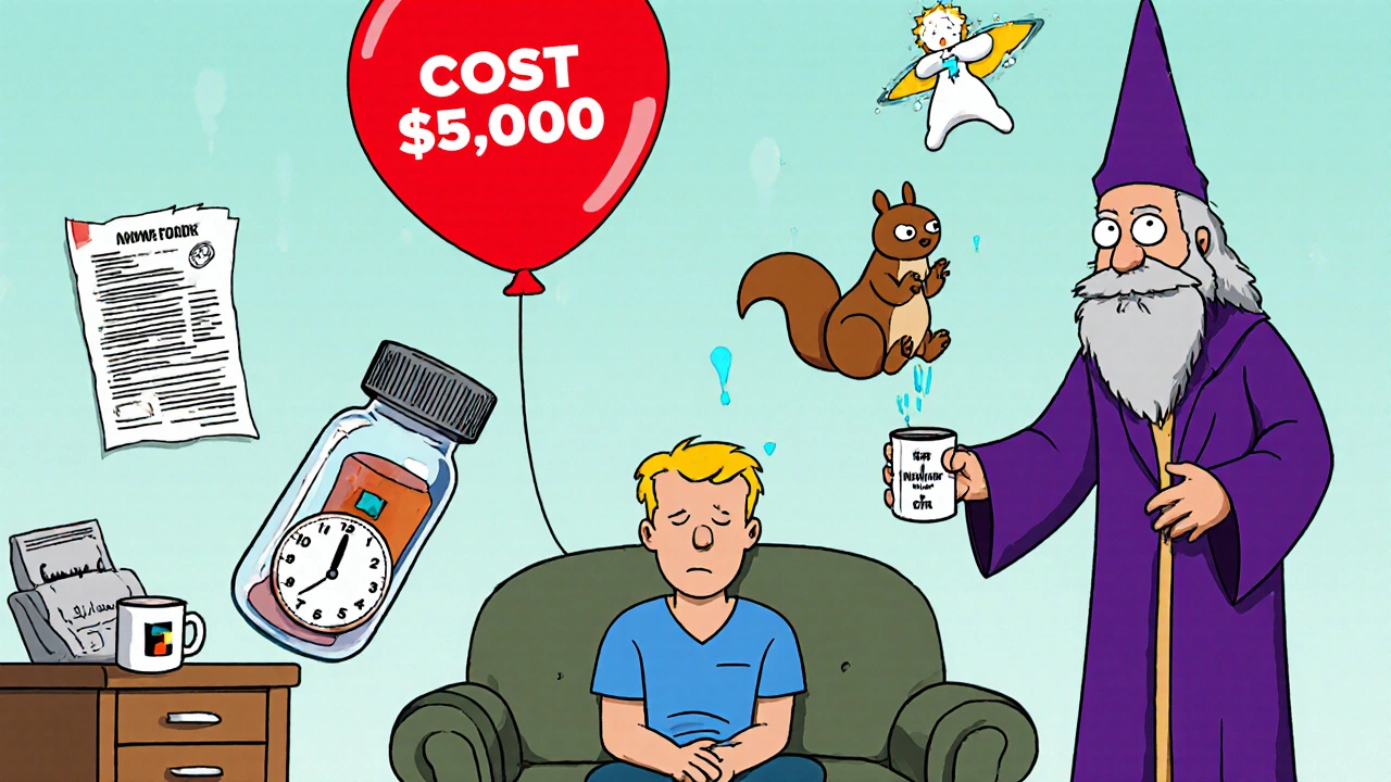 Anthropomorphic drug bottles in a doctor’s office, with cost balloons and a therapy app floating nearby.