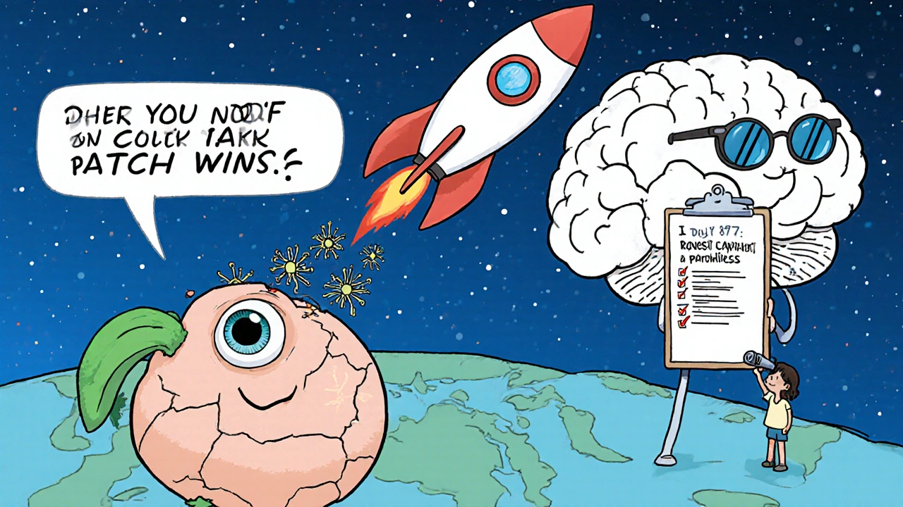 Child&#039;s eye as a planet, therapy rocket launching neurons to rebuild brain pathways, brain with sunglasses watching approvingly.