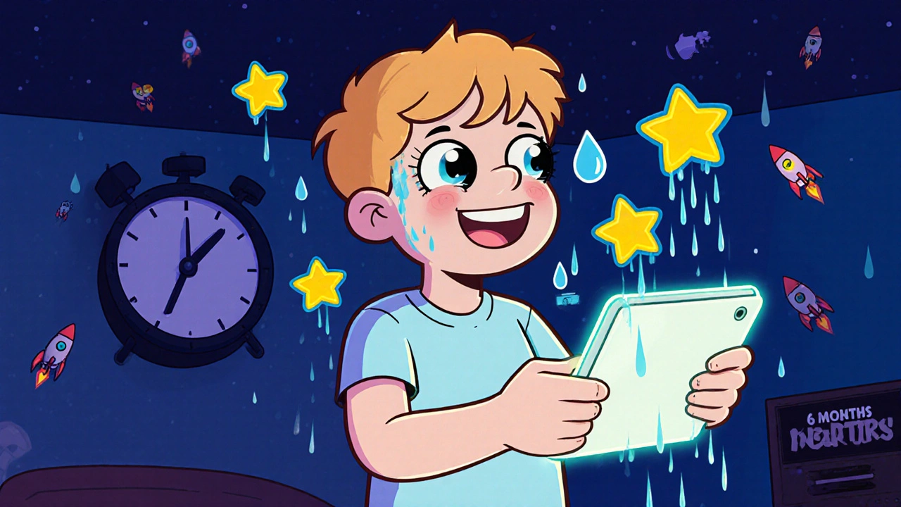 Child playing a glowing vision therapy game, atropine drop blurring one eye, floating reward stickers, cartoon clock counting days.