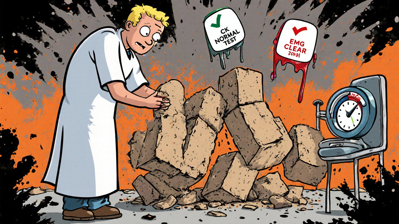 Clinician testing strength as patient&#039;s legs crumble, with false normal test results floating nearby.