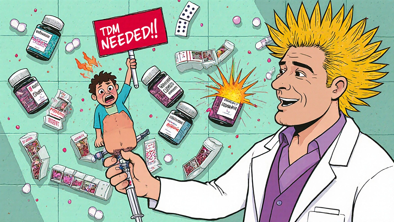 Doctor drawing blood that turns into a tiny person screaming &#039;TDM NEEDED!&#039; amid falling NTI pill bottles.