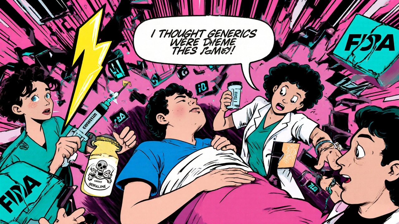 Emergency room chaos as a patient collapses after taking a generic pill with glowing epinephrine syringe.