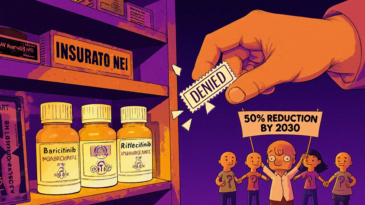 JAK inhibitor pills on a pharmacy shelf being denied by a giant stamp, with a sad patient and support group.