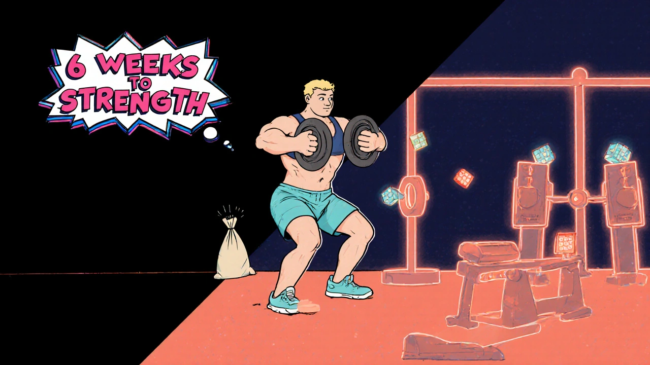 Patient doing light squats with grocery bag as muscles rebuild like LEGO blocks in vibrant gym.