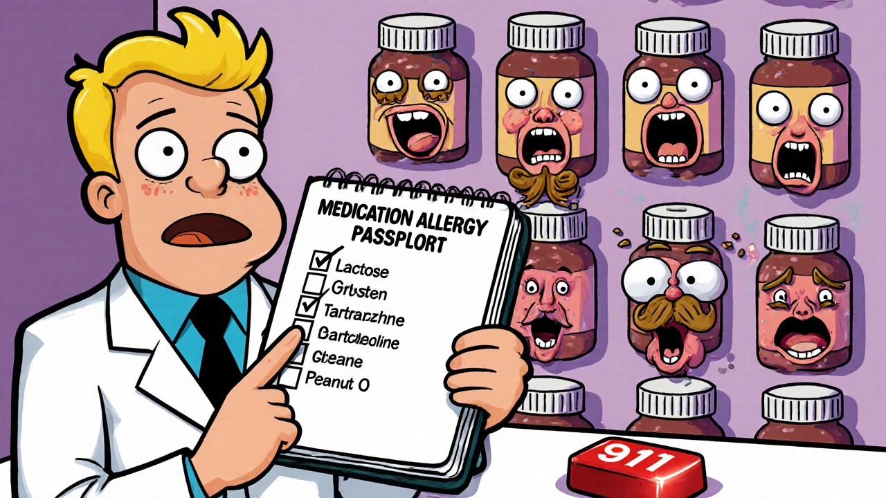 Pharmacist holding an allergy passport while generic pills scream with cartoonish faces of allergens.
