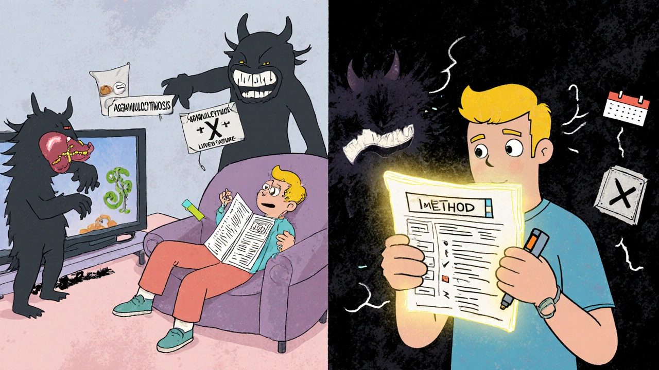 Split scene: one side shows danger from ignoring a guide, the other shows safety from using it with a highlighter and calendar.