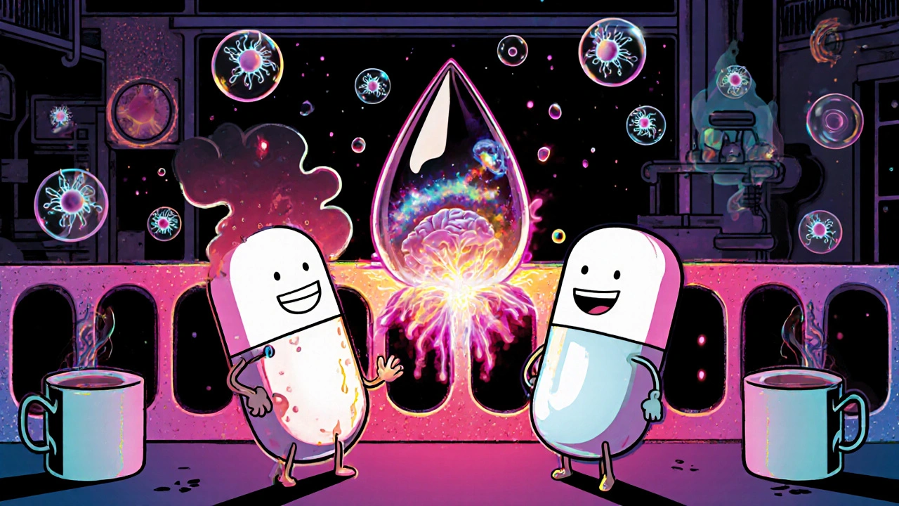 Two statin pills—one oily, one watery—interacting with a glowing blood-brain barrier in a surreal lab.