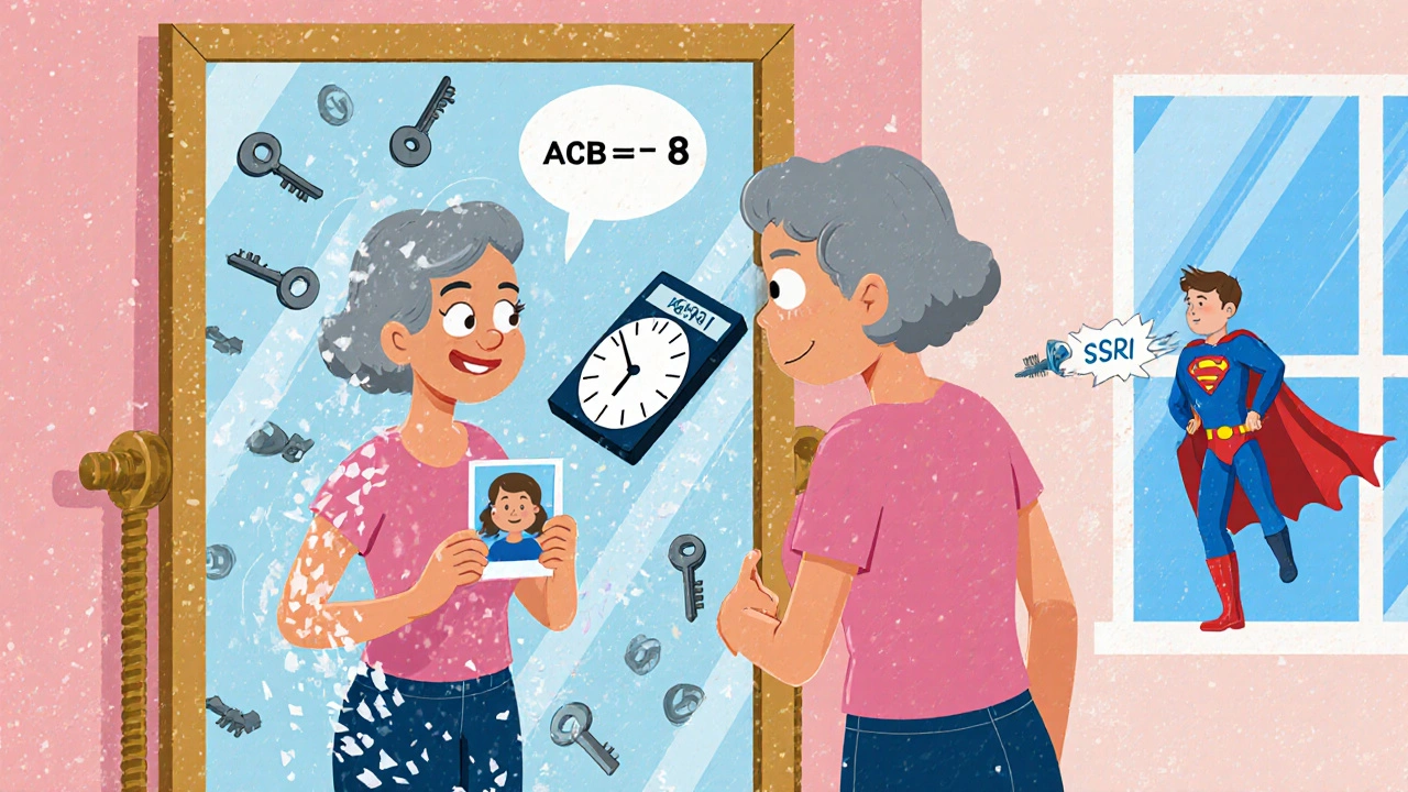 Woman in mirror with two reflections: one clear and happy, one foggy with dissolving memories, ACB calculator floating behind.