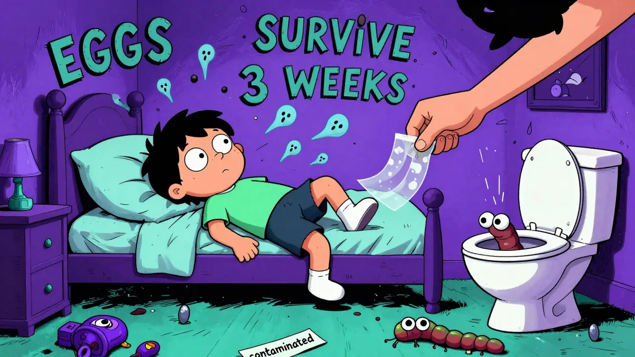 A child scratching at night surrounded by swirling pinworm eggs, with a parent using tape to collect them.