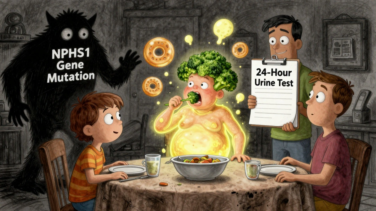 A child with puffy face and bloated belly eats dinner as cholesterol donuts float nearby, shadowy gene monster looms in corner.