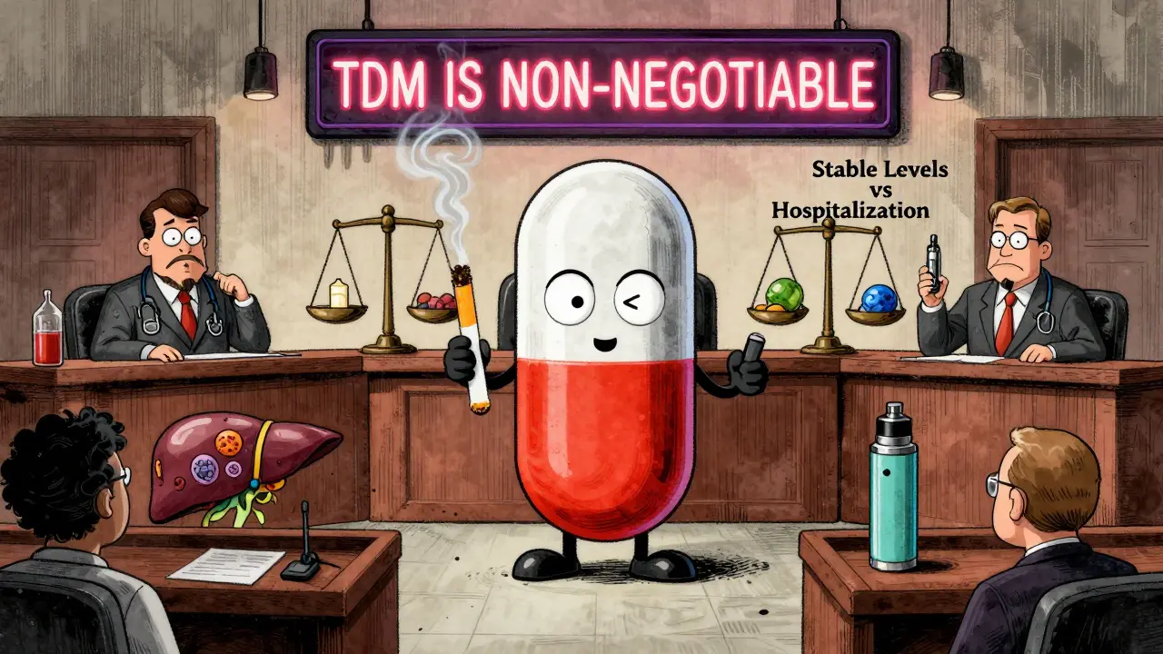 A clozapine pill on trial against cigarette and vape defendants in a courtroom of liver cells and medical judges.