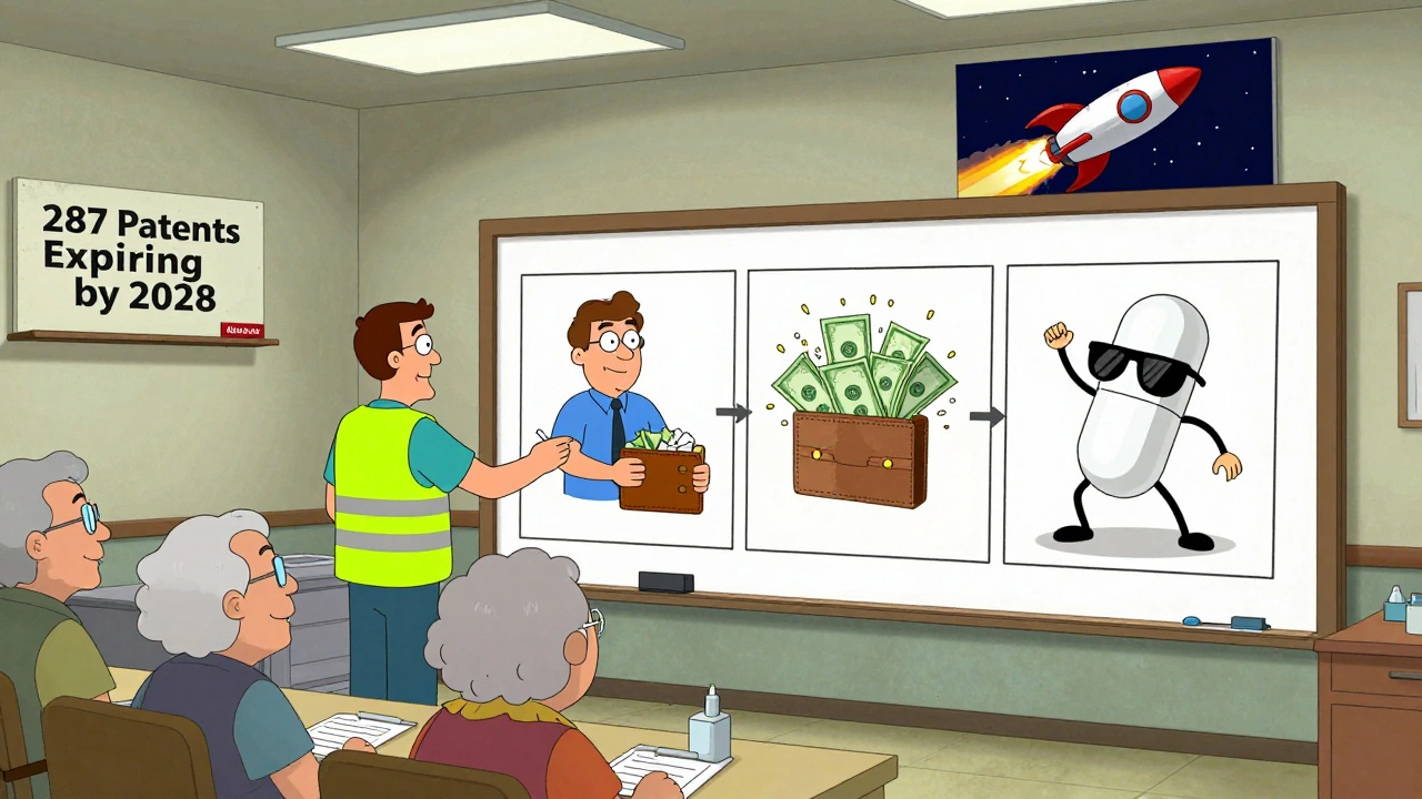 A community health worker teaching seniors with a flipchart that turns into a comic about medicine savings.