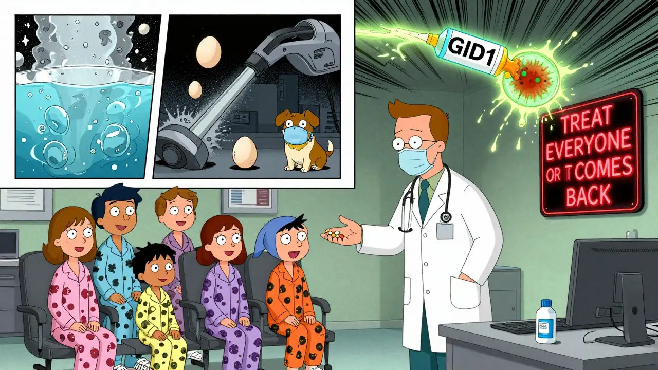 A family receiving treatment while chaotic prevention scenes unfold behind them, including vacuuming and boiling water.