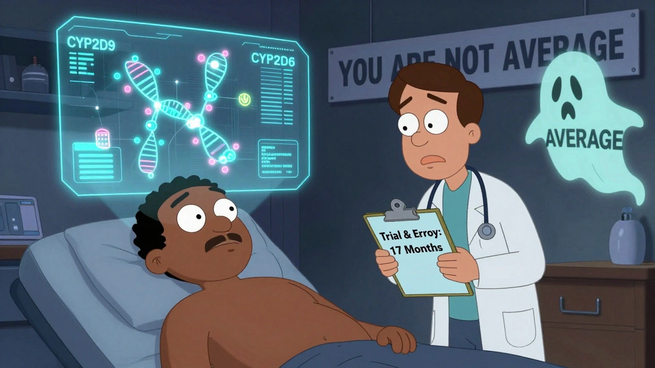 A futuristic genetic map projected over a patient’s head, with a confused doctor holding a clipboard.