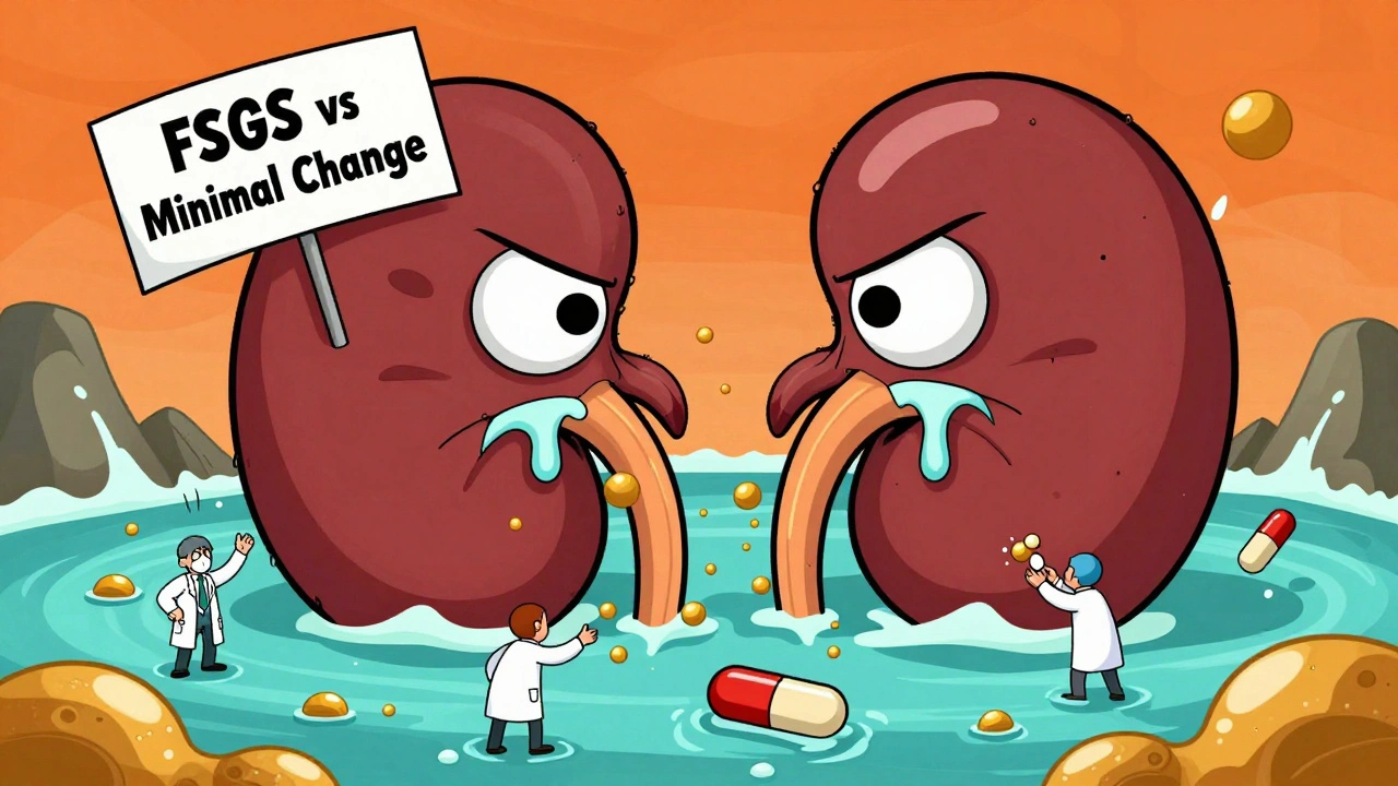 A giant angry kidney with torn filters leaks golden protein blobs into a stormy urine river, doctors try to fix it with pills.