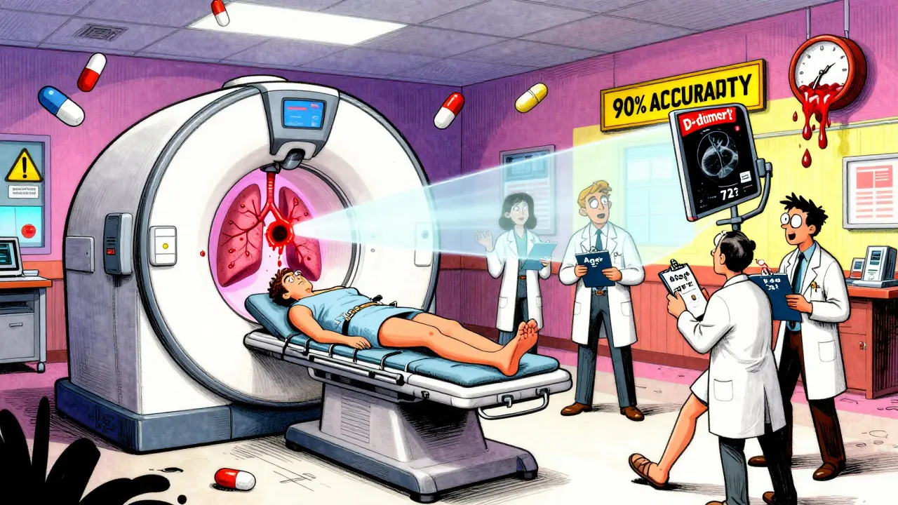 A giant CT scanner revealing a lung clot, doctors arguing, ultrasound probe hovering over a swollen leg.