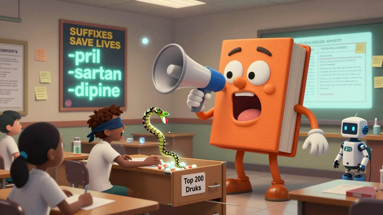 A giant FDA book drills pharmacy students in a surreal classroom with floating drug suffixes and a blindfolded student pulling a snake-pill.