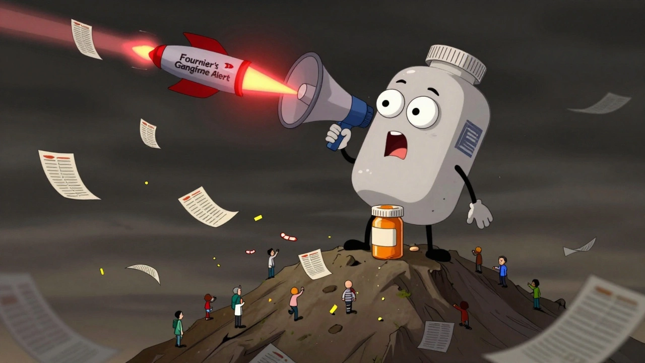 A giant FDA logo atop a mountain of pills shouting as people toss reports into the sky like confetti.