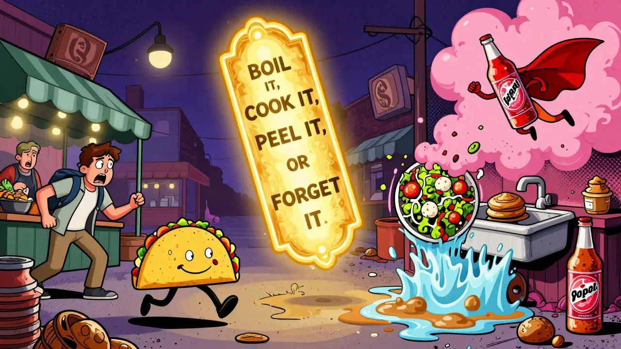 A golden rule floats above a chaotic street food market where food runs away and Pepto-Bismol flies like a hero.