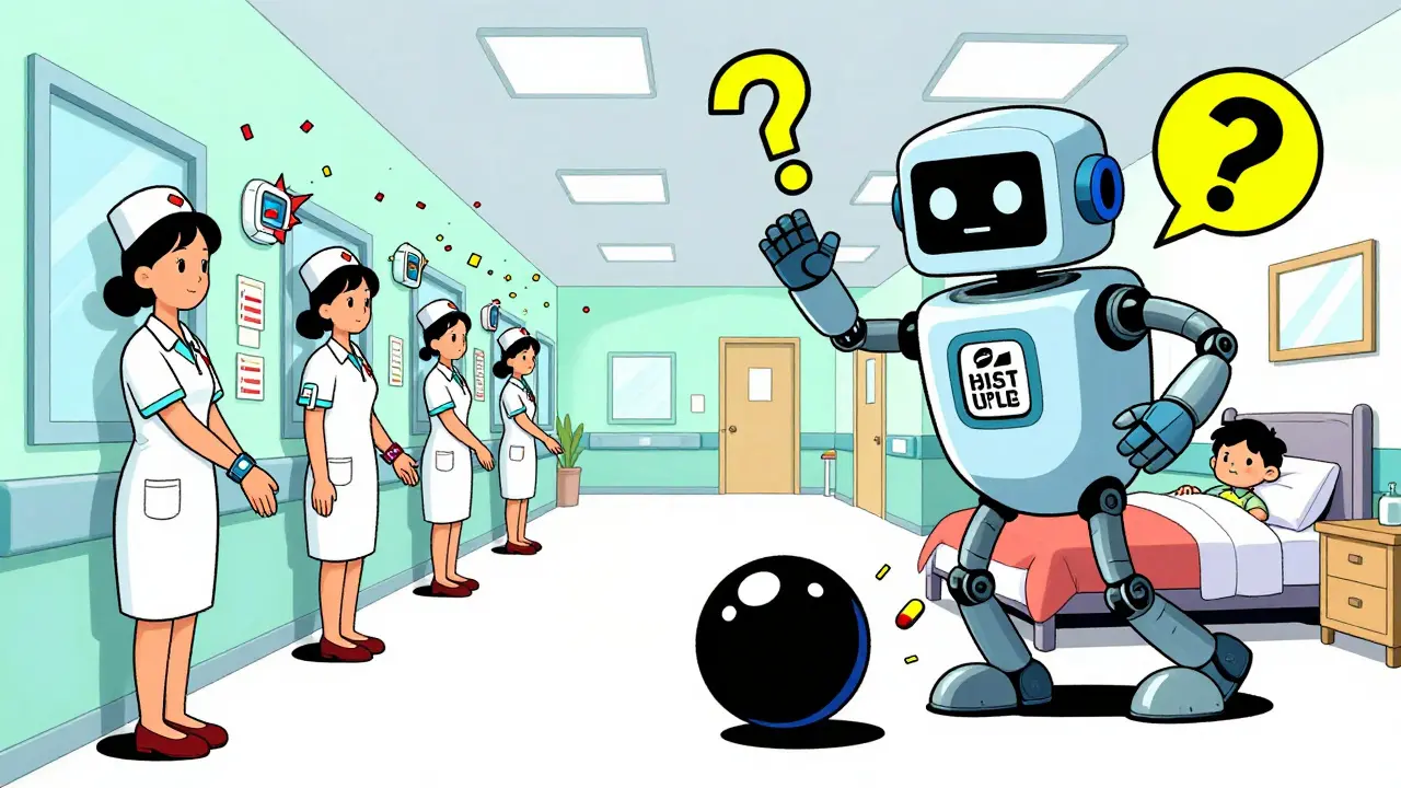 A hospital hallway with exploding barcode scanners and a runaway opioid pill heading toward a child's room.