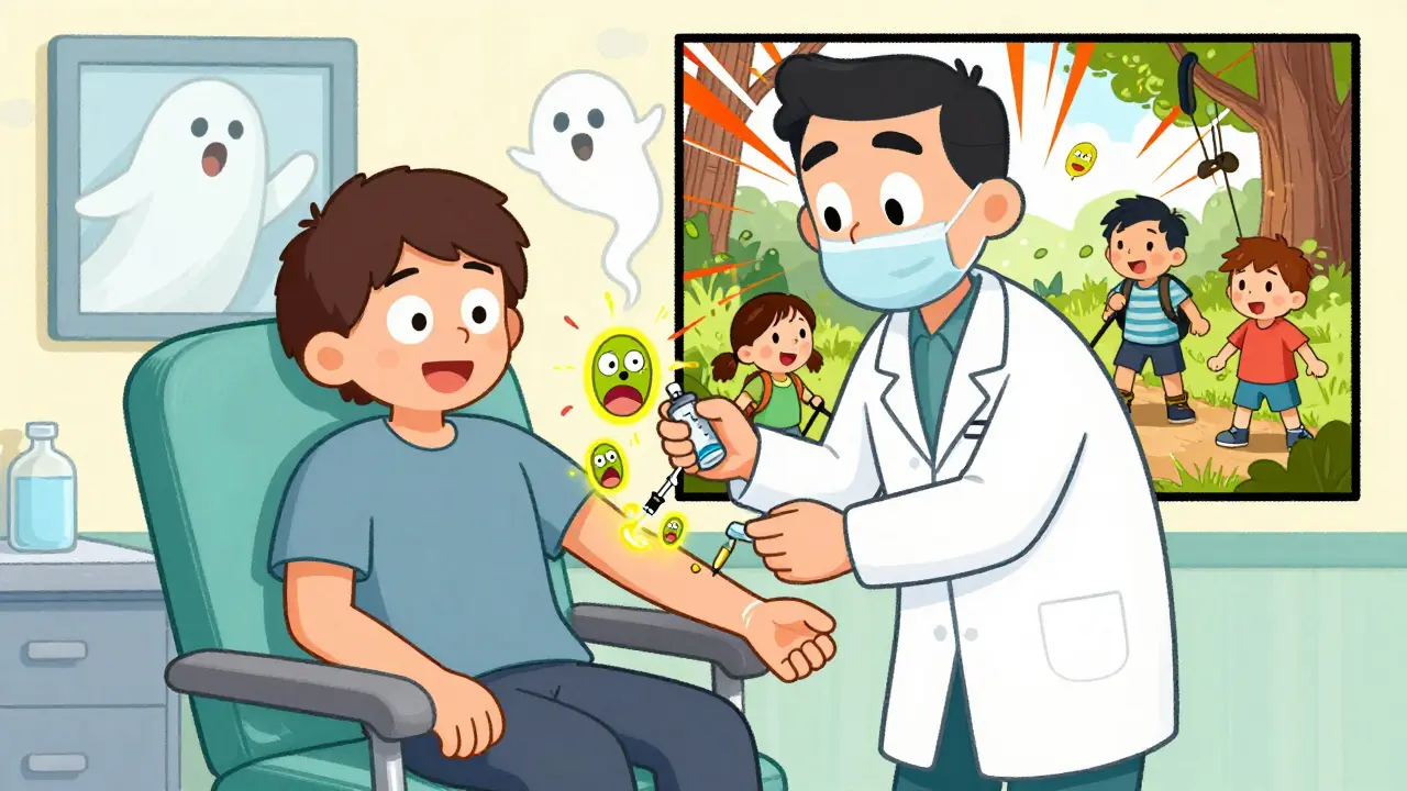 A patient receiving venom immunotherapy as friendly IgG4 antibodies cheer them on in a clinic.