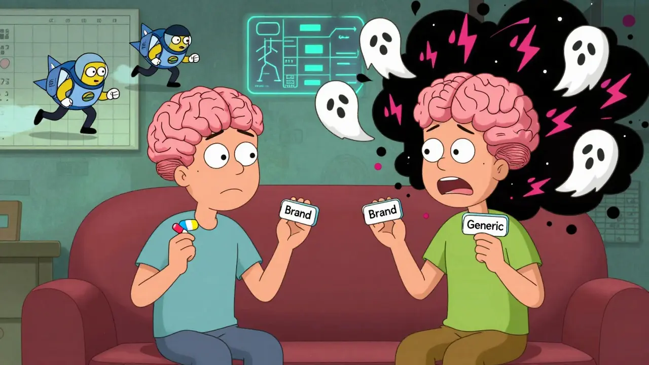 A patient torn between two pills as their mind explodes into a battle between calm and chaotic neural patterns.