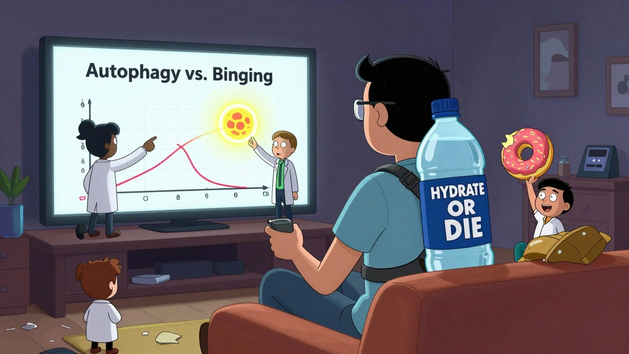 A person drinks water with tiny scientists debating fasting science on a whiteboard, highlighting hydration and metabolism.