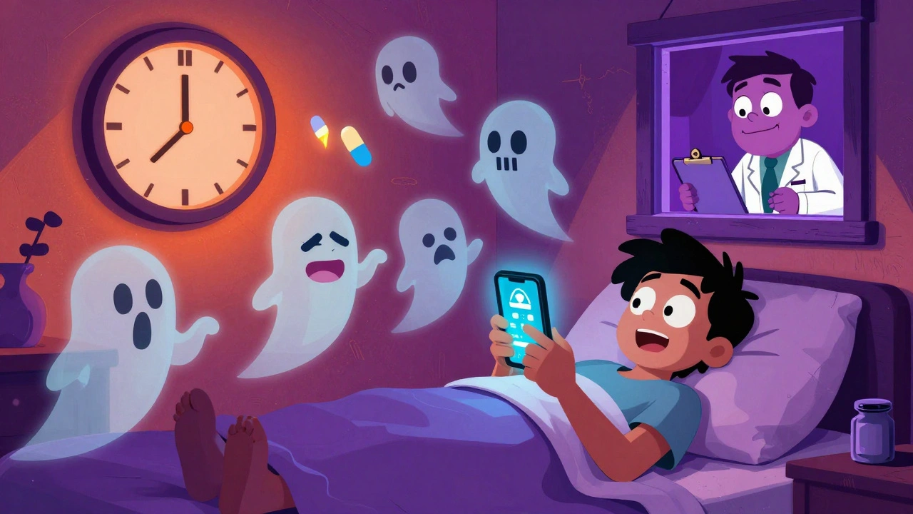 A person in bed surrounded by floating, warning-themed medication ghosts under a glowing pill reminder app.