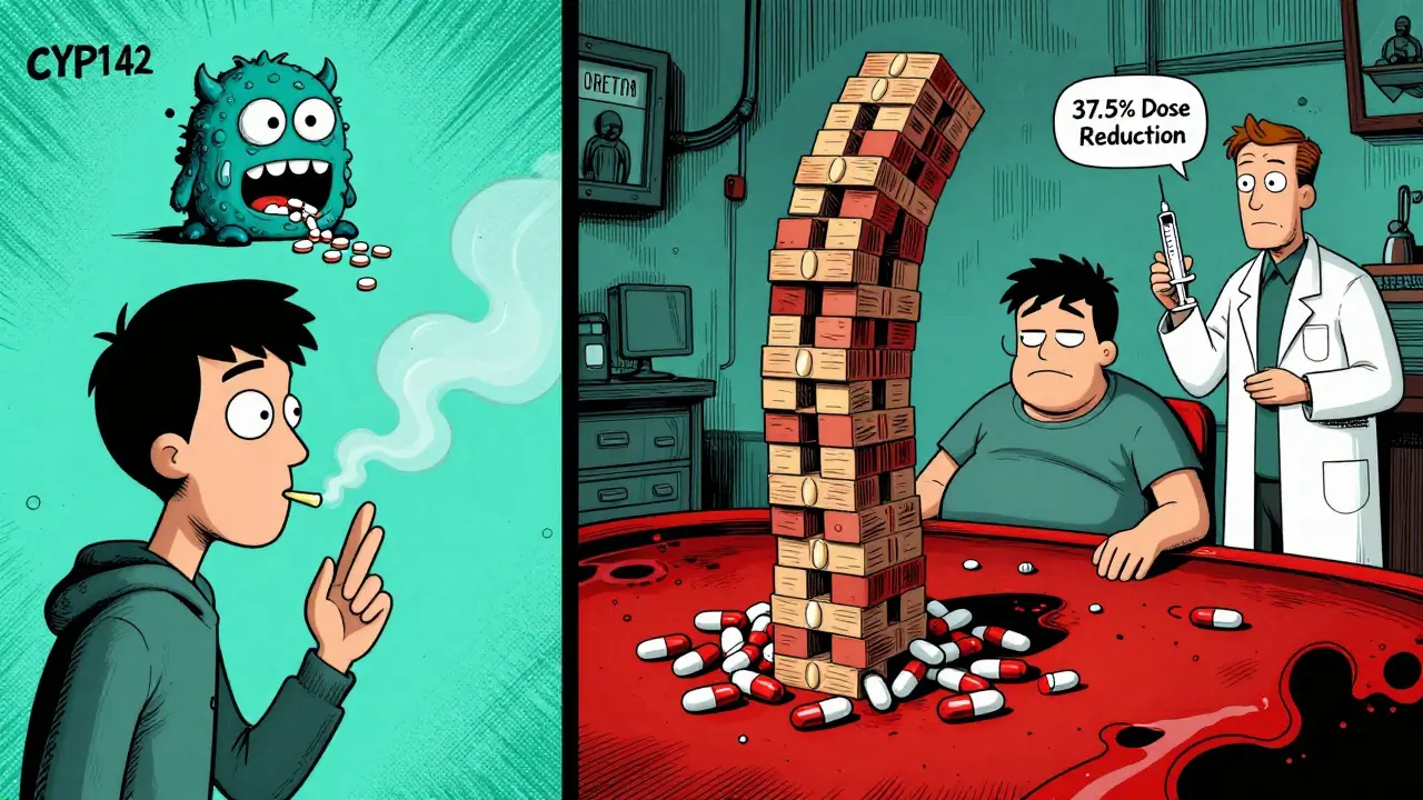 A person vaping on one side, swollen and drowsy after quitting on the other, with pills piling up in their body.