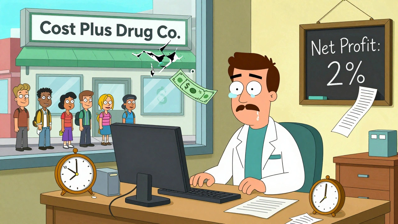 A pharmacist surrounded by financial chaos, watching patients go to a transparent drug store as their own shop crumbles.