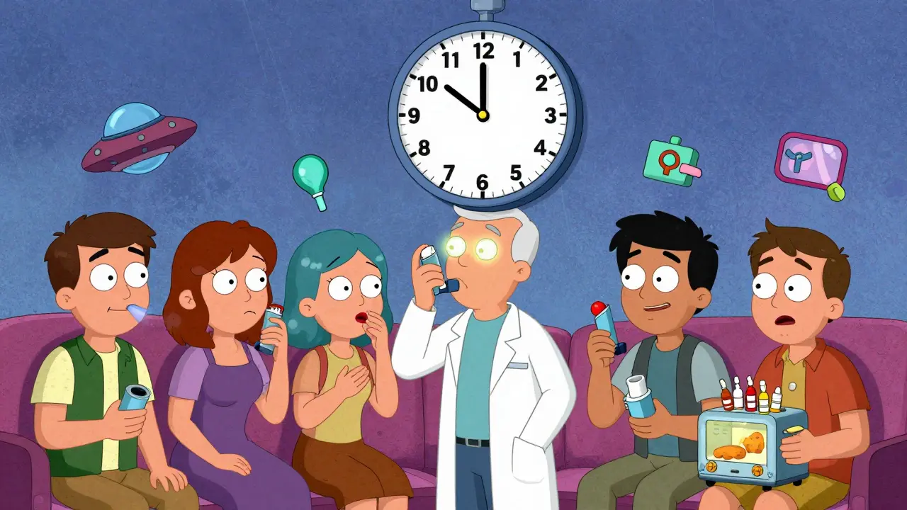 A pharmacist teaching inhaler techniques to confused patients, with exaggerated mistakes and a countdown timer.