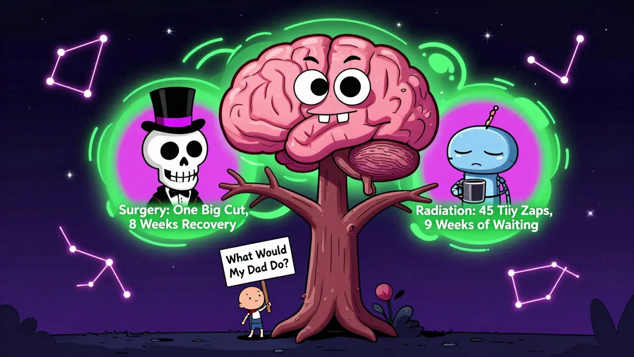 A psychedelic decision tree grows from a patient’s brain, with surgery and radiation branches leading to absurd icons.