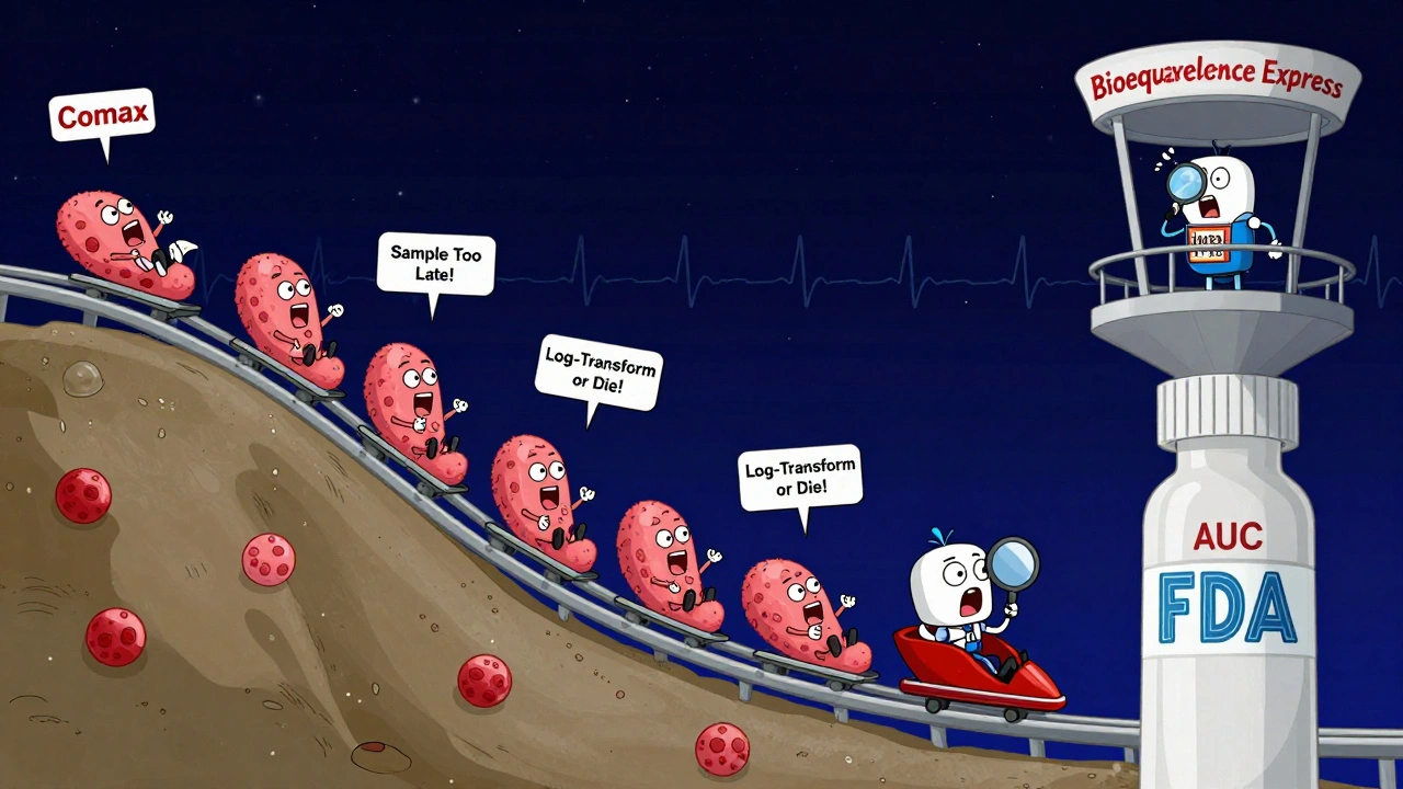 A rollercoaster ride showing drug absorption with signs warning about sampling errors.