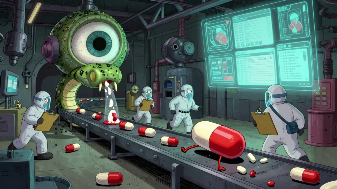 A snake-shaped pill factory with inspectors chasing a running pill, watched by a giant Sentinel eye.