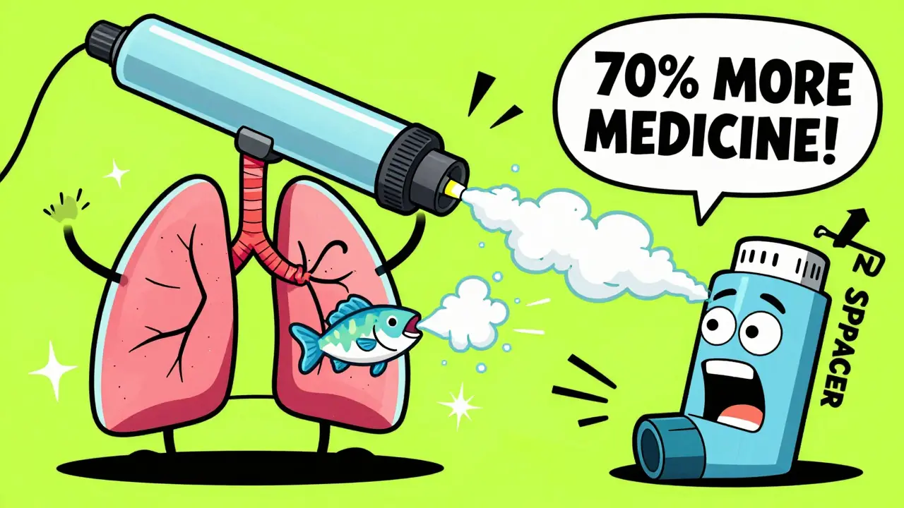 A spacer device helping medicine reach a happy lung, while a dry powder inhaler is marked with a no-spacer warning.