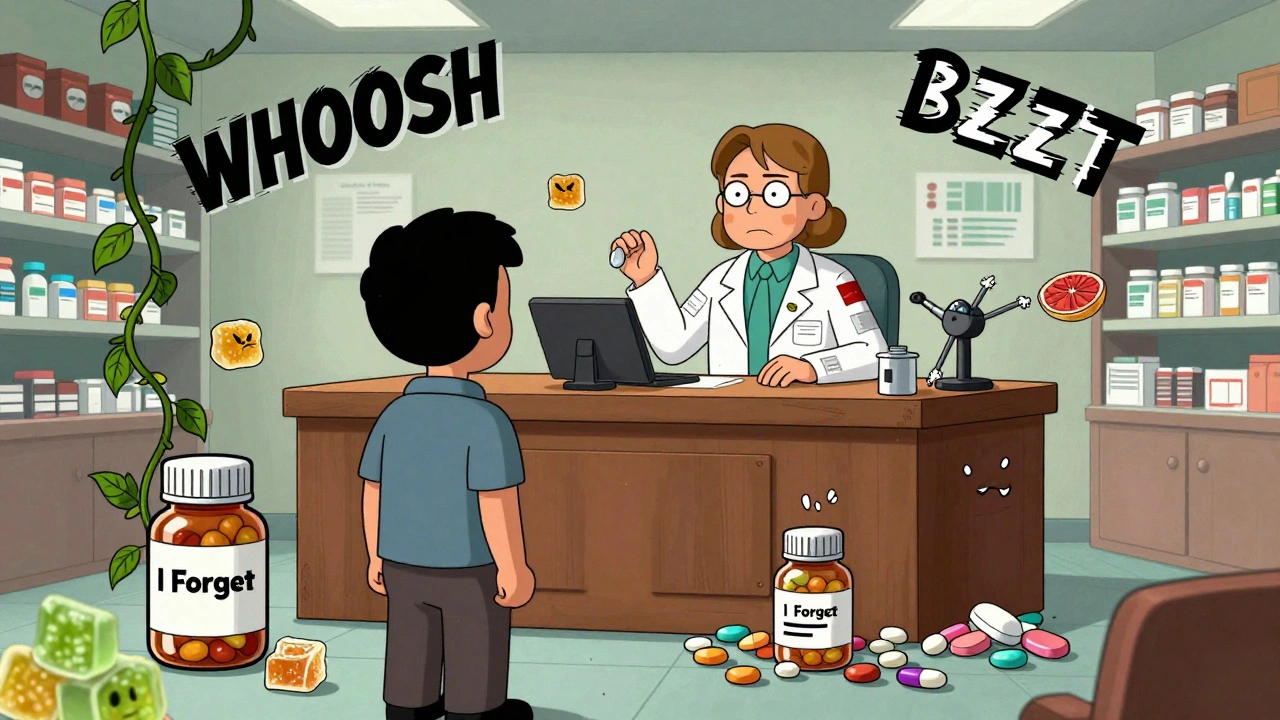 A surreal courtroom inside a pharmacy where forgotten pills are on trial with dangerous drug interactions as evidence.