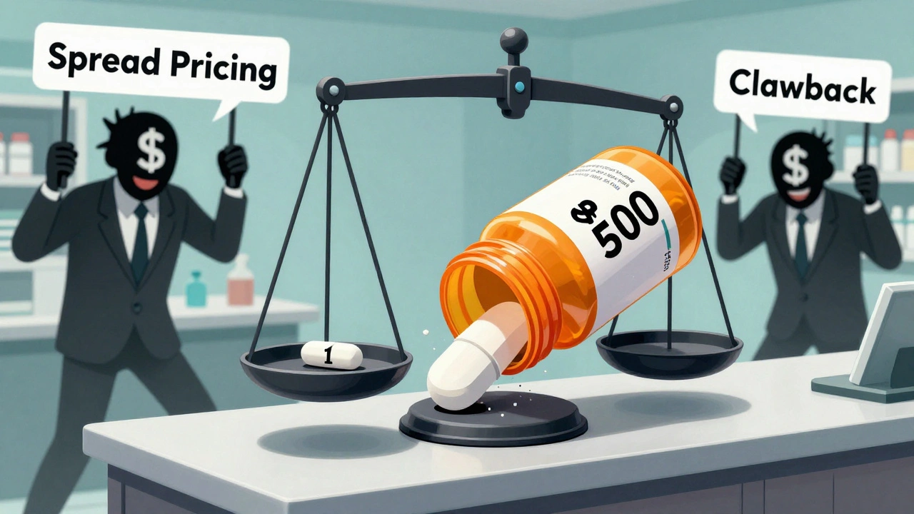 A tiny generic pill crushing a giant brand-name drug on a scale, while shadowy figures pull levers labeled &#039;Spread Pricing&#039; and &#039;Clawback&#039;.