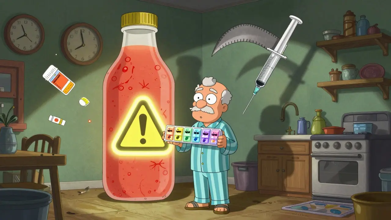 An elderly man surrounded by screaming pills and a giant grapefruit juice bottle in his kitchen.