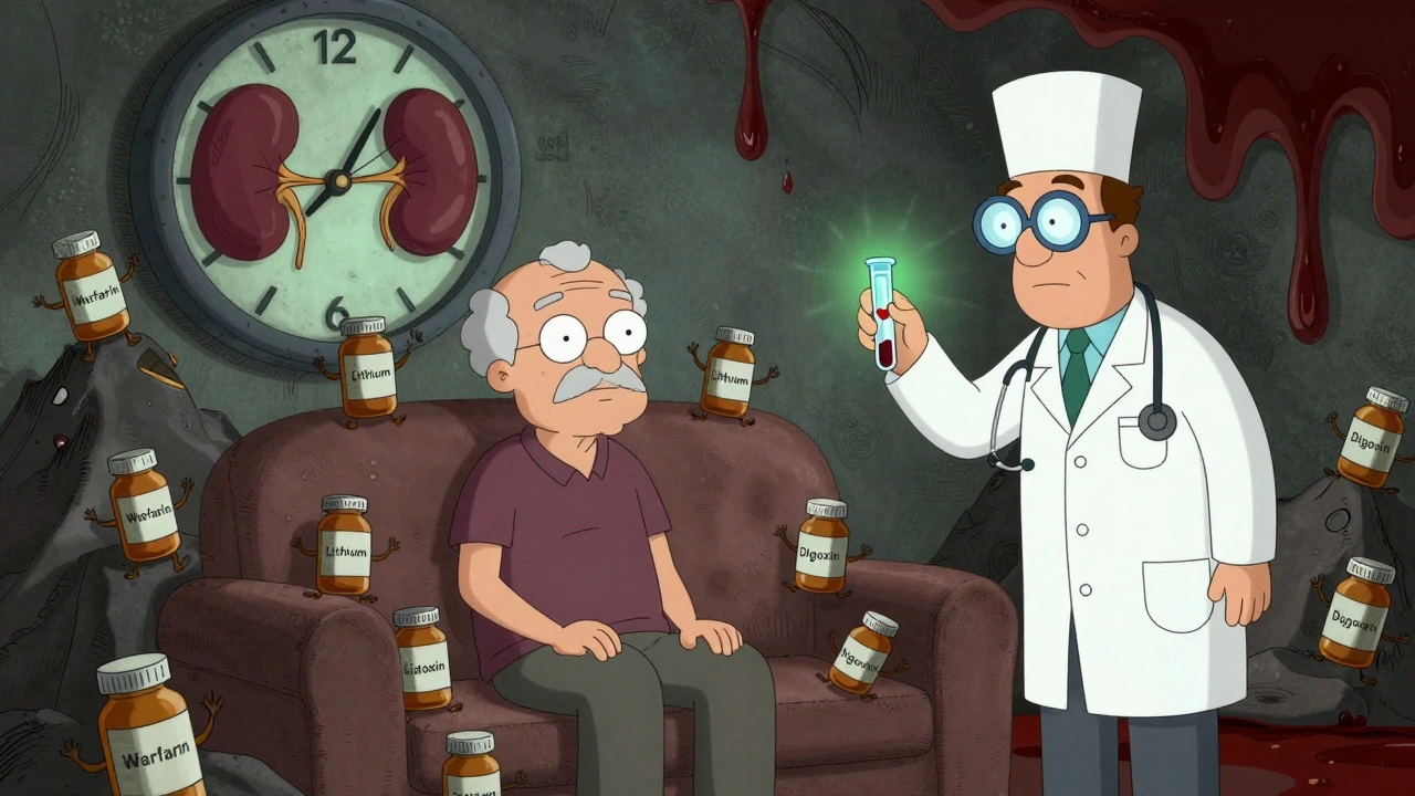 An elderly person surrounded by animated pill bottles, with a pharmacist holding a glowing blood test.