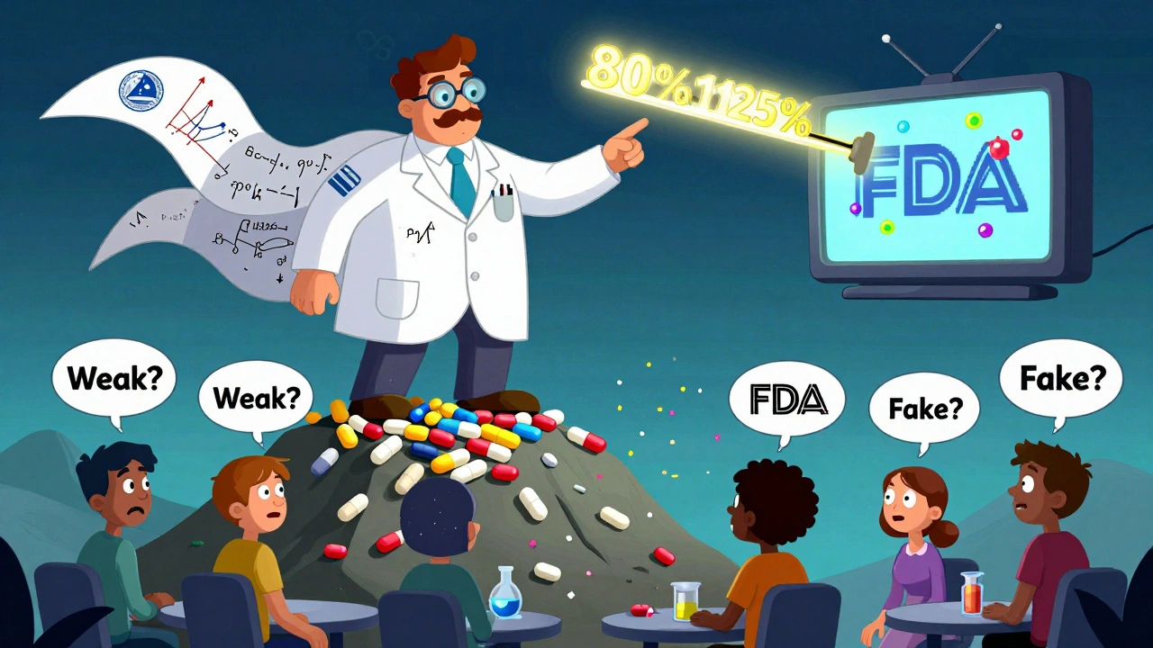 An FDA inspector on a mountain of pills with a bioequivalence scale, turning patient fears into confetti.