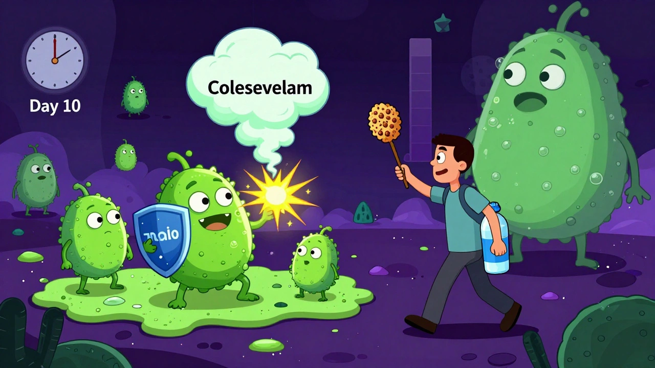 Cartoon bacteria fighting in a gut landscape, one wielding a colesevelam shield causing a gas explosion, patient holding water and psyllium.