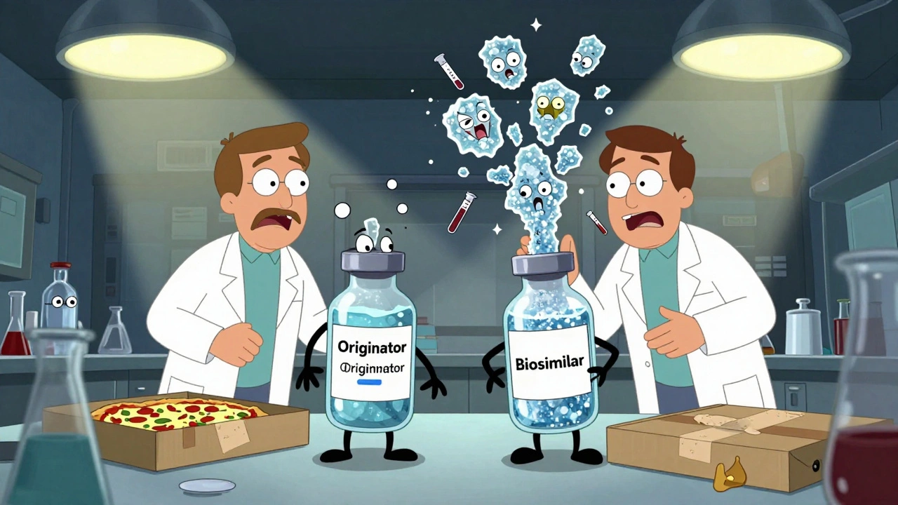 Chaotic lab scene with scientists arguing over two protein vials, one leaking screaming sugar faces and test tubes with googly eyes.
